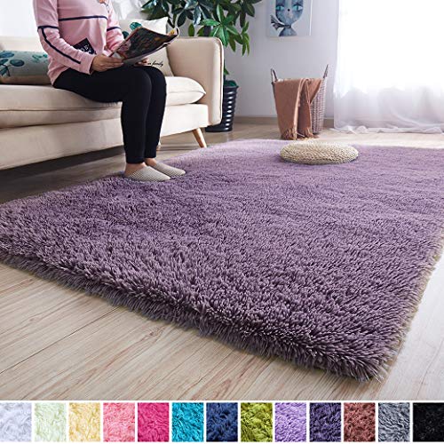 Noahas Super Soft Modern Shag Area Rugs Fluffy Living Room Carpet Comfy Bedroom Home Decorate Floor Kids Playing Mat 4 Feet by 5.3 Feet, Grey-Purple