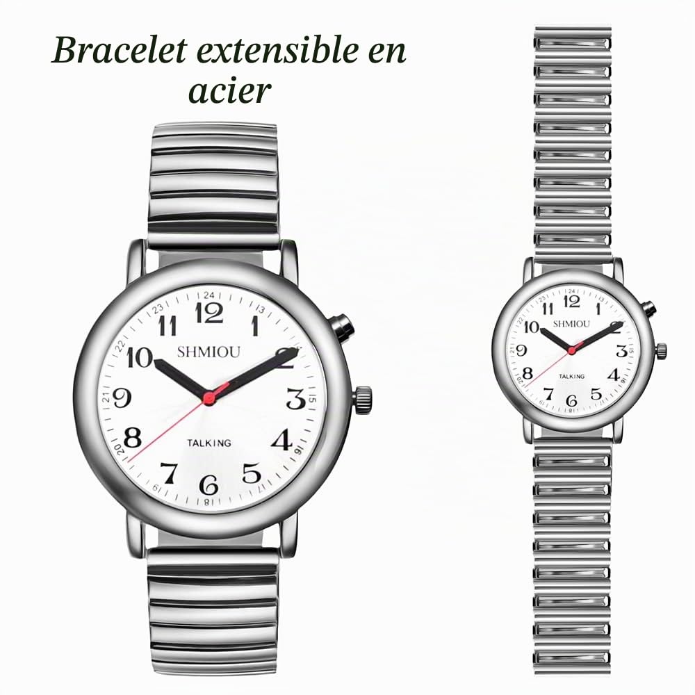 Montre parlante français pour Unisexe malvoyant Voix Forte Aiguilles Longues avec Bracelet Extensible en Acier Inoxydable argenté Montre-Bracelet à Quartz