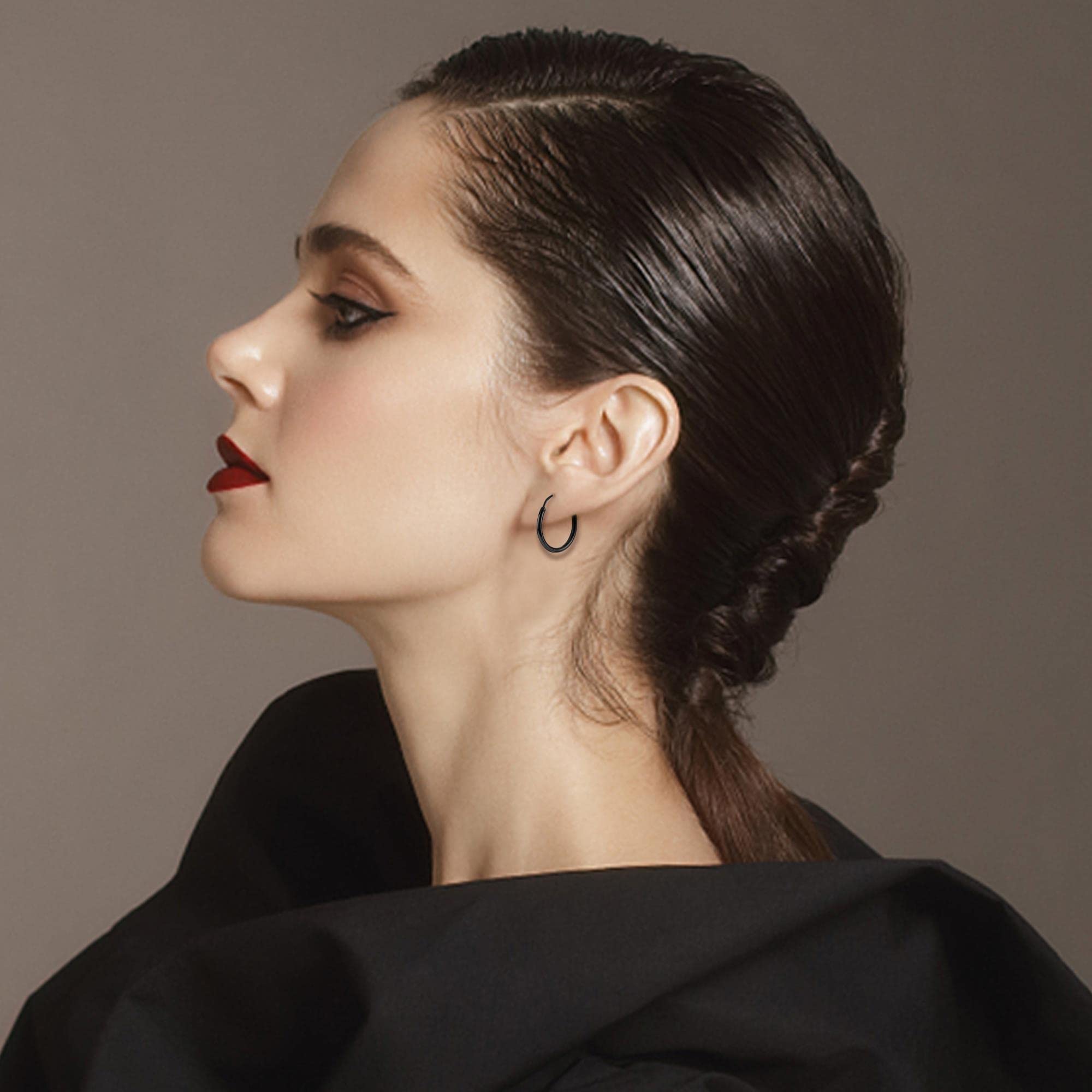 Juego de 3 pares de aretes de aro de acero inoxidable para mujeres y hombres, aretes de aro pequeños, color negro, plateado, dorado, aros ligeros de 10 a 0.787 in, Acero inoxidable, Circonia 4