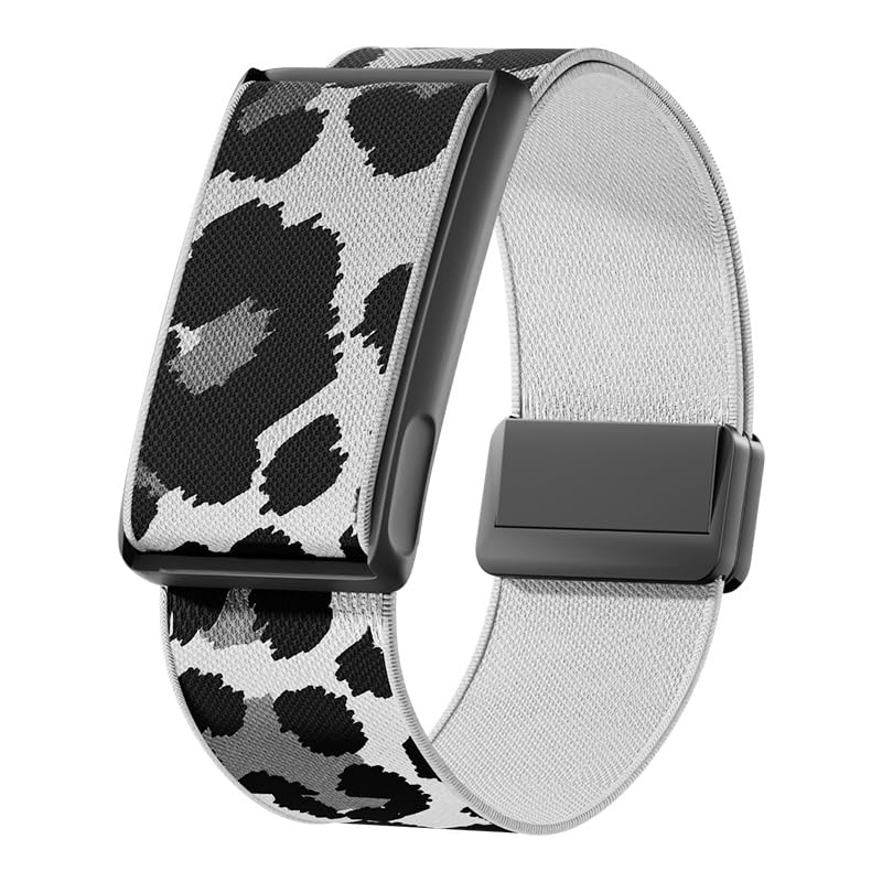 VeveXiao Stretchy Nylon Loop Strap Compatible With Amazfit Helio Strap, Breathable Sports Strap Sweat Absorption Band with Metal Frame Connector for Men Women-No Tracker (White leopard)