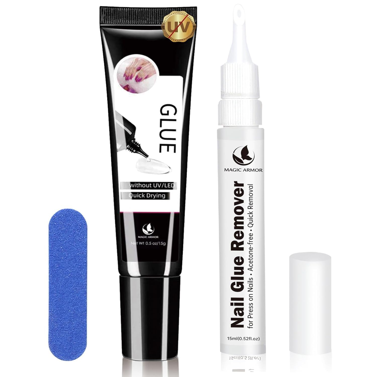 MAGIC ARMOR Nagelkleber Gel UV Freies und Nagelkleberentferner-für Press-On-Klebenägel 15g, mit Entfernerkleber 15ml, schnelltrocknend für langanhaltende künstliche Nägel