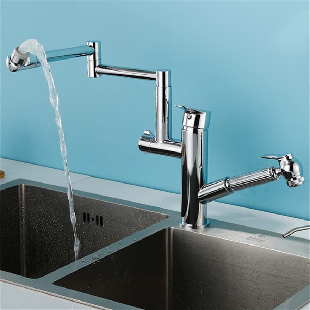 BHFPFZA 360° Rotating Chandelier Kitchen Faucet Solid Brass PullOut Mixer Tap Hot & Cold Water Single Handle Sink FaucetModern Chrome Finish
