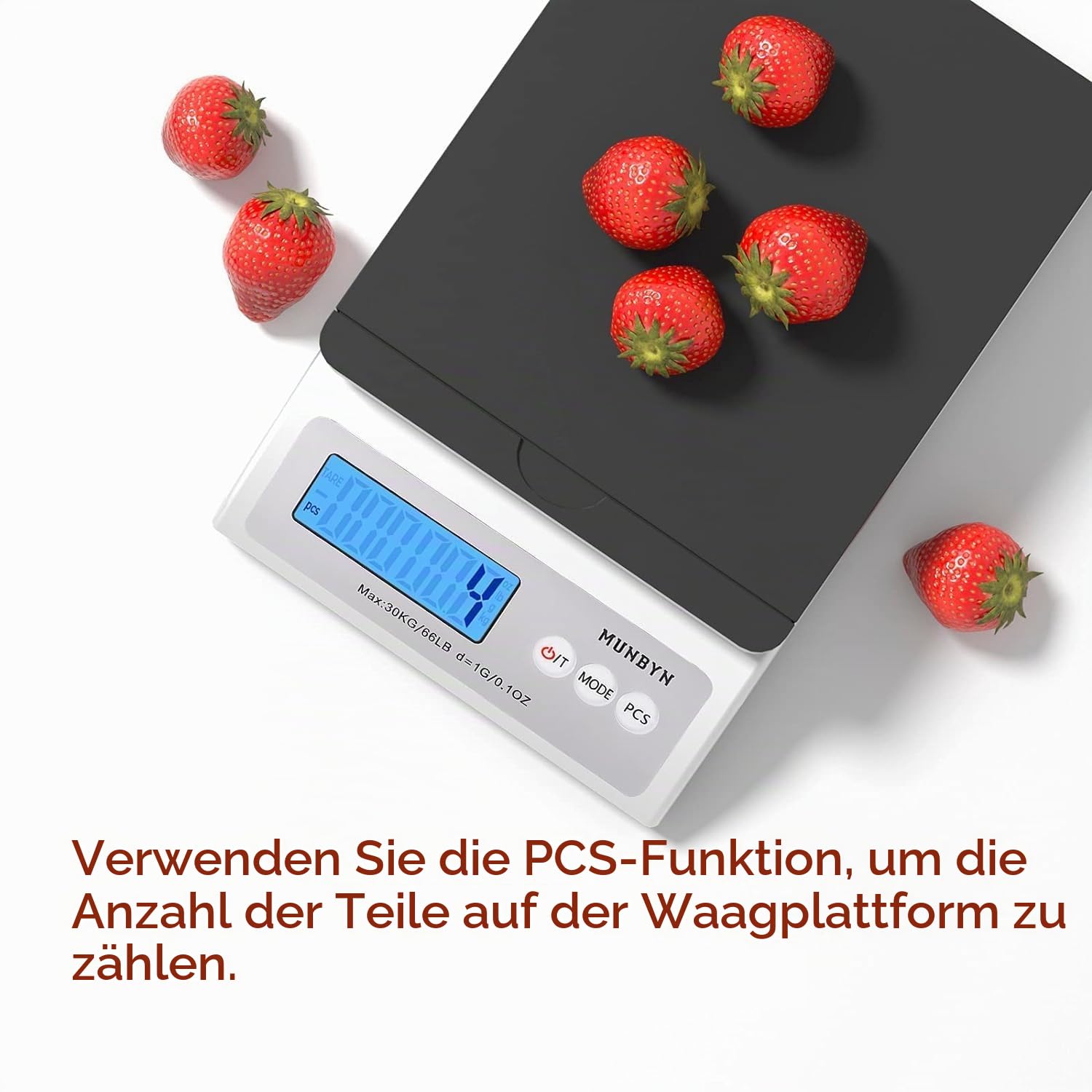 MUNBYN Paketwaage Versand Digitale Postwaage Paketversandwaage 30 kg elektronische Postwaage mit Halte- und Reißfunktion inkl. Maßband AC-Adapter und 1,5 Vx3AAA
