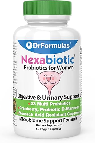 DrFormulas Probióticos de arándano para mujeres, salud vaginal y tracto urinario con fibra prebiótica y D manosa | Nexabiotic Feminine Health,