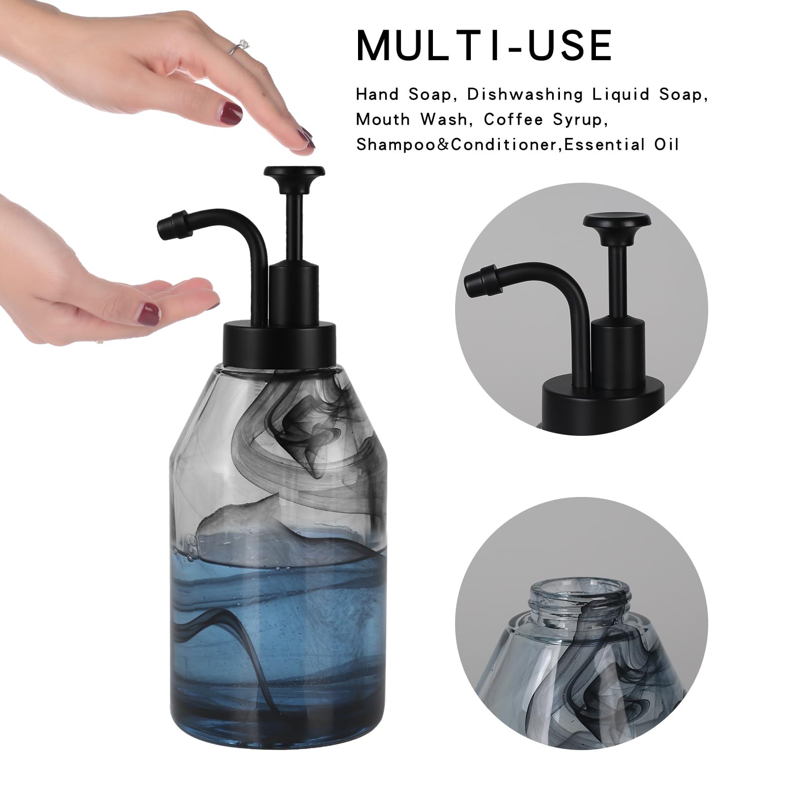 Suanti Thick Glass Black Marble Soap Dispenser with Matte Black Pump,Decorative Liquid Hand Dish Soap Dispenser for Bathroom and Kitchen,Luxury Dispenser for Coffee Syrup,Lotion,Essential Oil