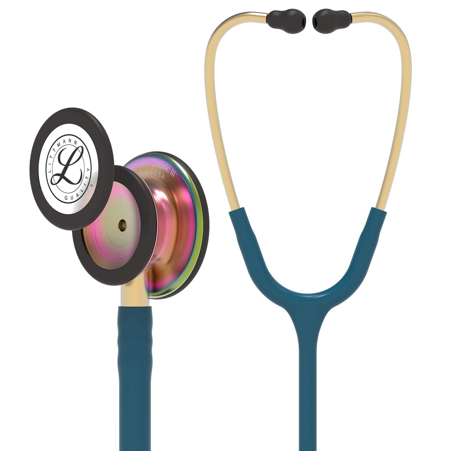 3M Littmann Classic III, Stetoscopio per il monitoraggio, finitura arcobaleno, tubo auricolare blu Caraibi, 69 cm, 5807 + GIMA ASTUCCIO PORTA FONENDO, Turchese, Uso Professionale