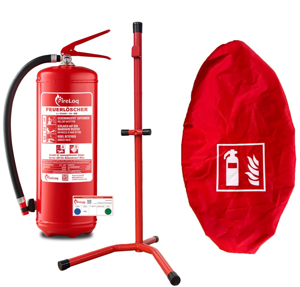 6kg Pulver Feuerlöscher mit Ständer und roter Schutzhaube mit Prüfnachweis und Manometer