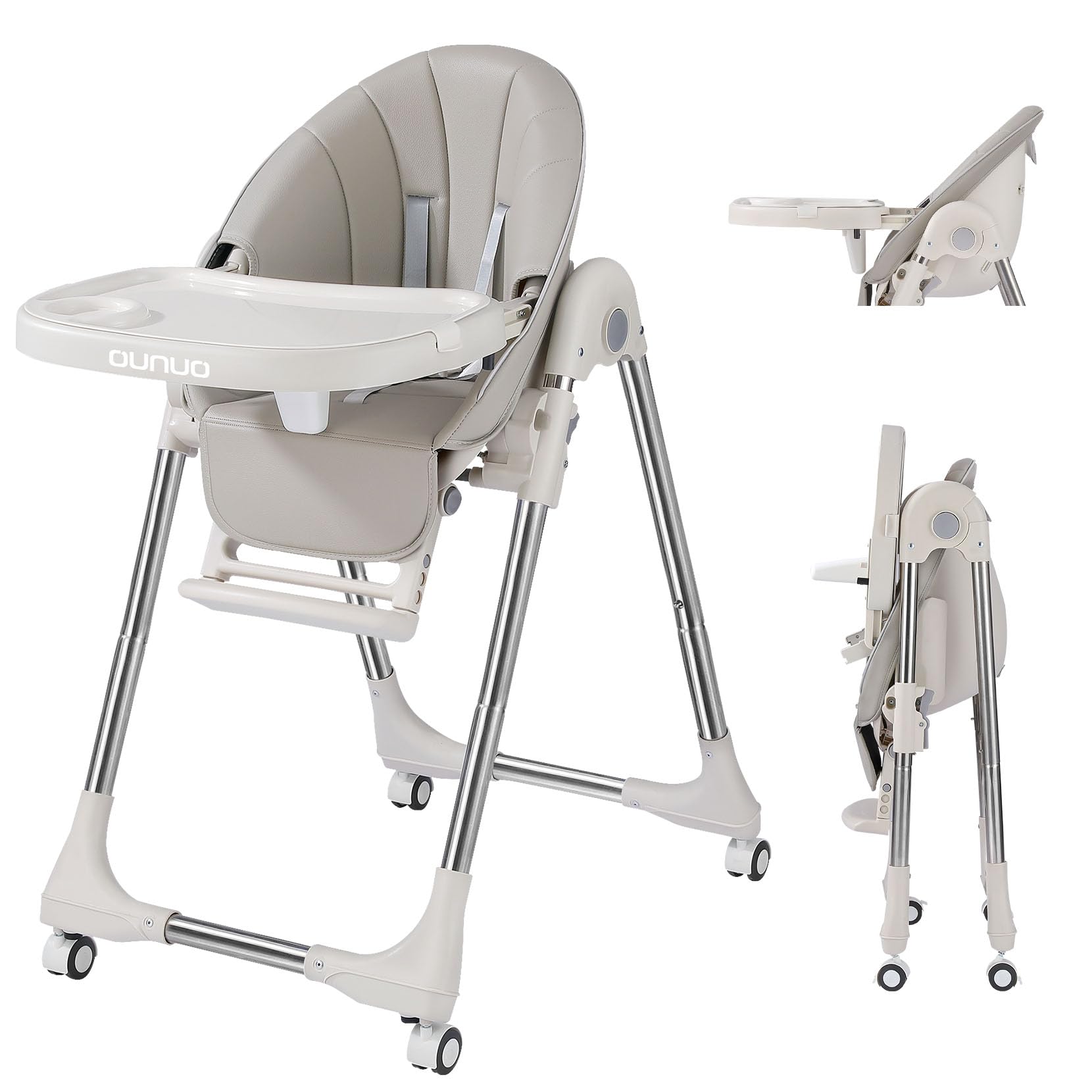 OUNUO Baby Hochstuhl Verstehllbar und Klappbar kinderhochstuhl mitwachsend Kindersitz Kinderstuhl mit Sicherheitsgurt 6 Monaten bis 3 Jahre PU Leder Kissen (Hellgrau)