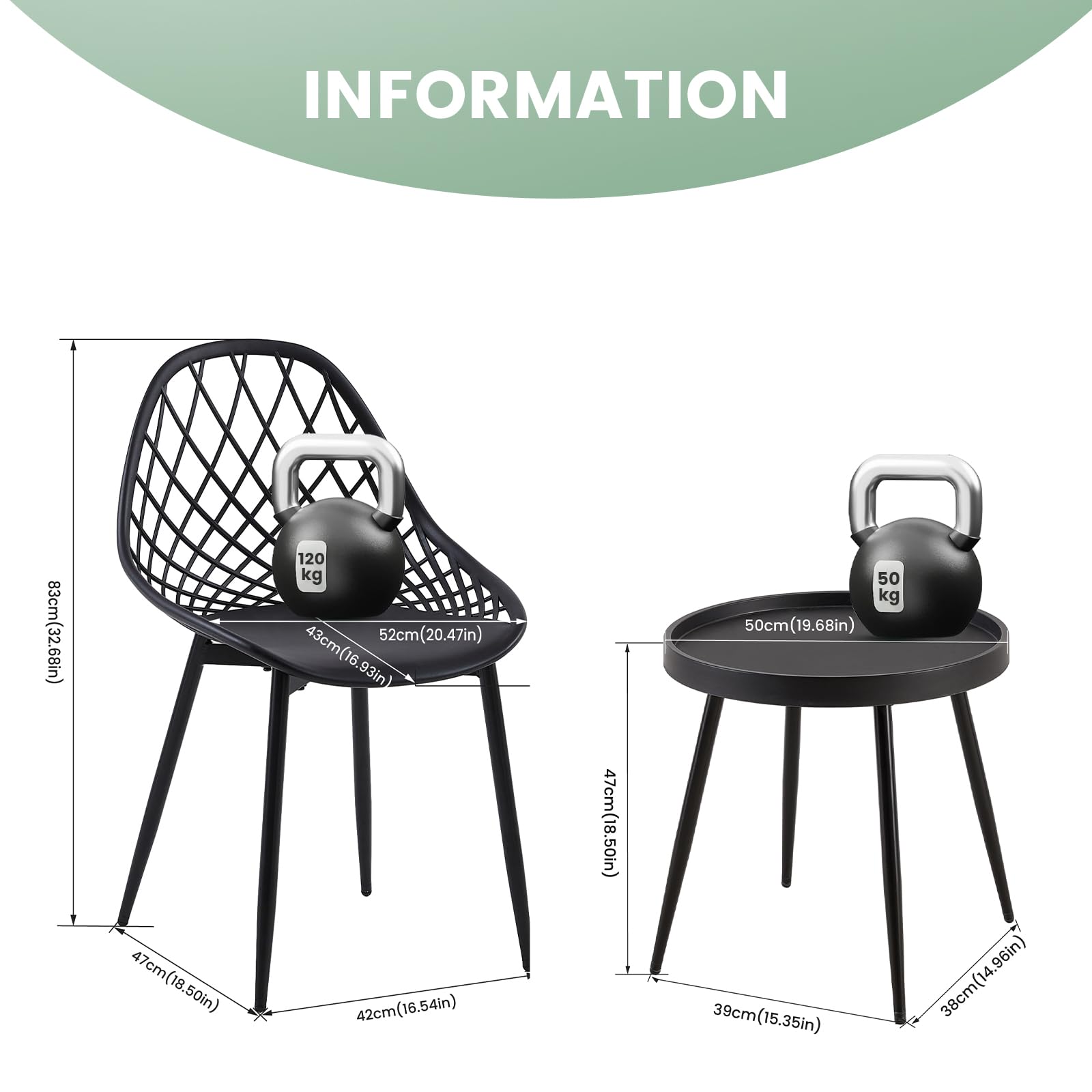 buybyroom Tavolino e Sedie da Balcone, Tavolo Balcone con Sedie Adatto per Balcone, Giardino e Soggiorno, Piedi di Tavolo e Sedia in Metallo Con Piastrelle Regolabili, Nero