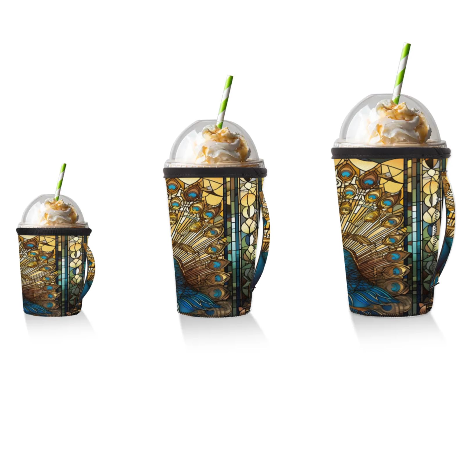 Peacock Elegant Reusable Neoprene Coffee Sleeve with Handle Insulated Iced Coffee Cup Holder Reduces Condensation Fits 24-28 oz Cups M