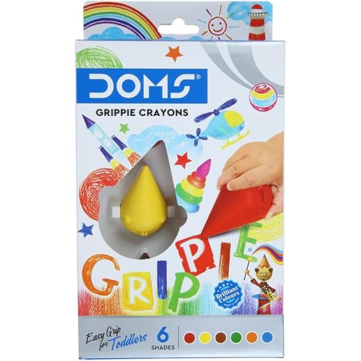Doms 6 Shades Grippie Crayons Box Pack | Easy Grip For Toddlers | Bright & Intense Colors | Non Toxic Colouring Range, Safe For Children | Pack of 1