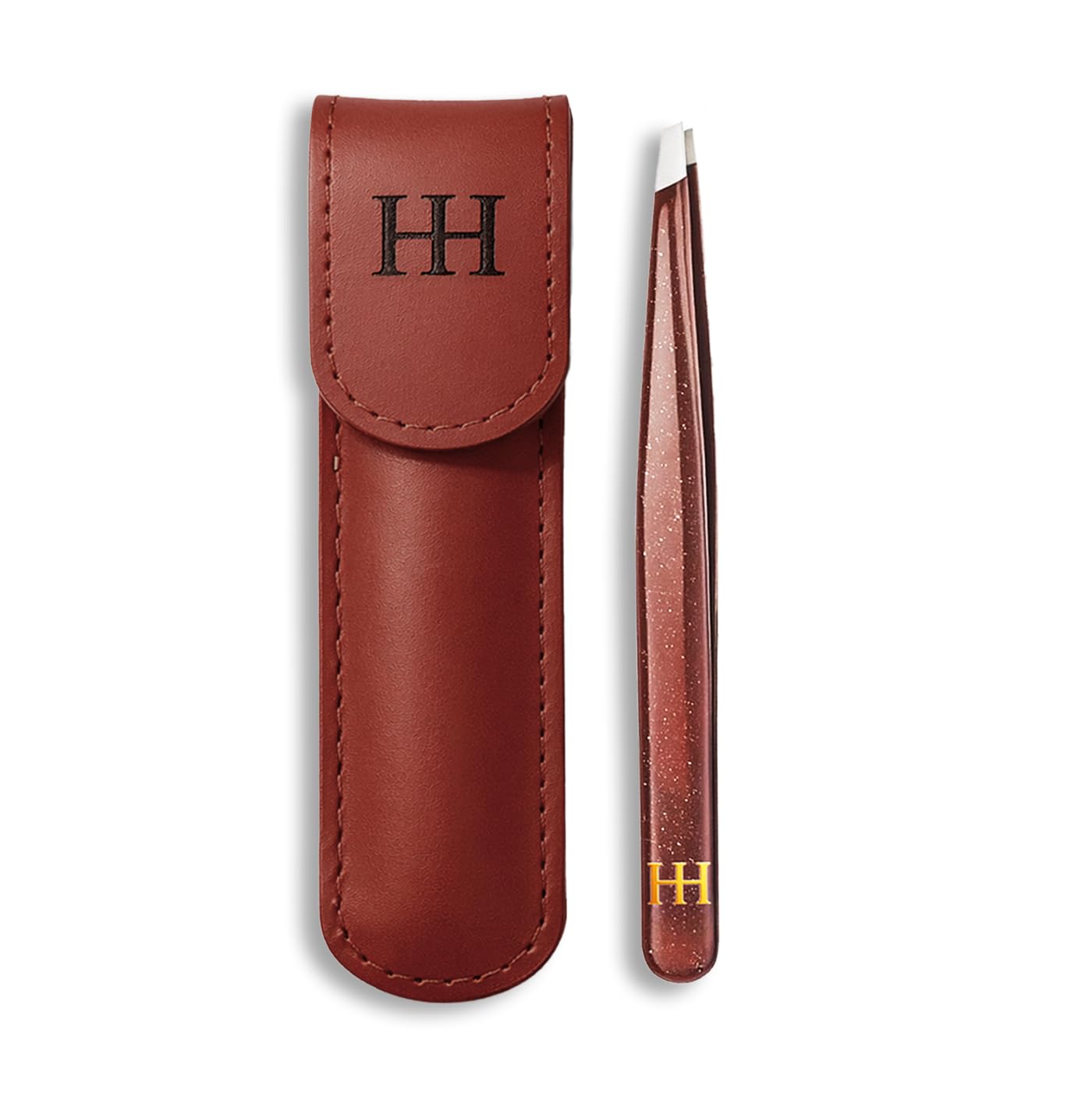 HH Tweezer – Professional Stainless Steel Eyebrow Tweezers with Genuine Leather Case for Makeup & Brow Artists (Brown)