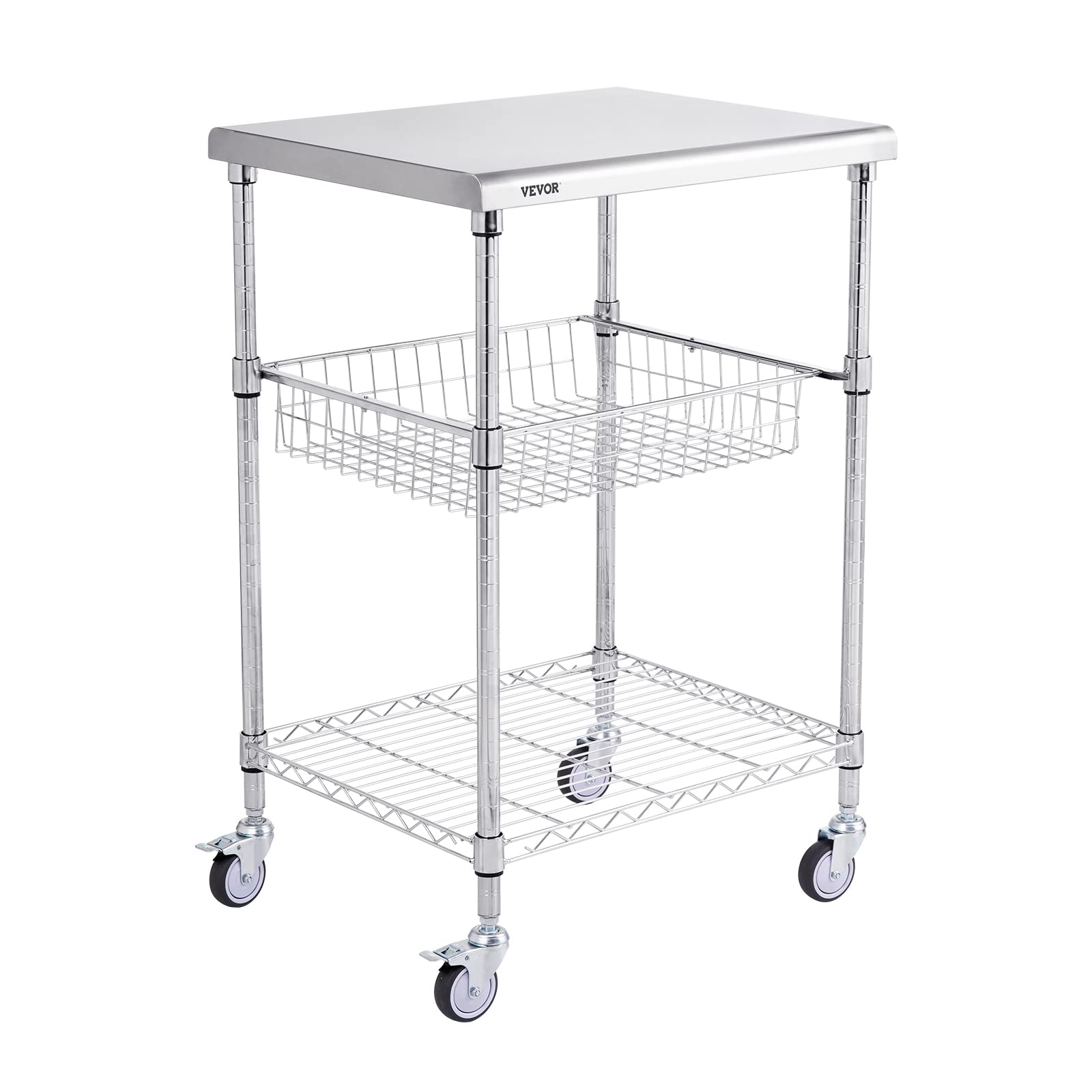 VEVOR Kitchen Utility Cart, 36.6"x20"x24" 3 Tiers Wire Rolling Cart, 470LBS Capacity Steel Service Cart with Brake Wheels, Storage Trolley with 76mm Basket PP Liner 6 Hooks, for Indoor & Outdoor Use