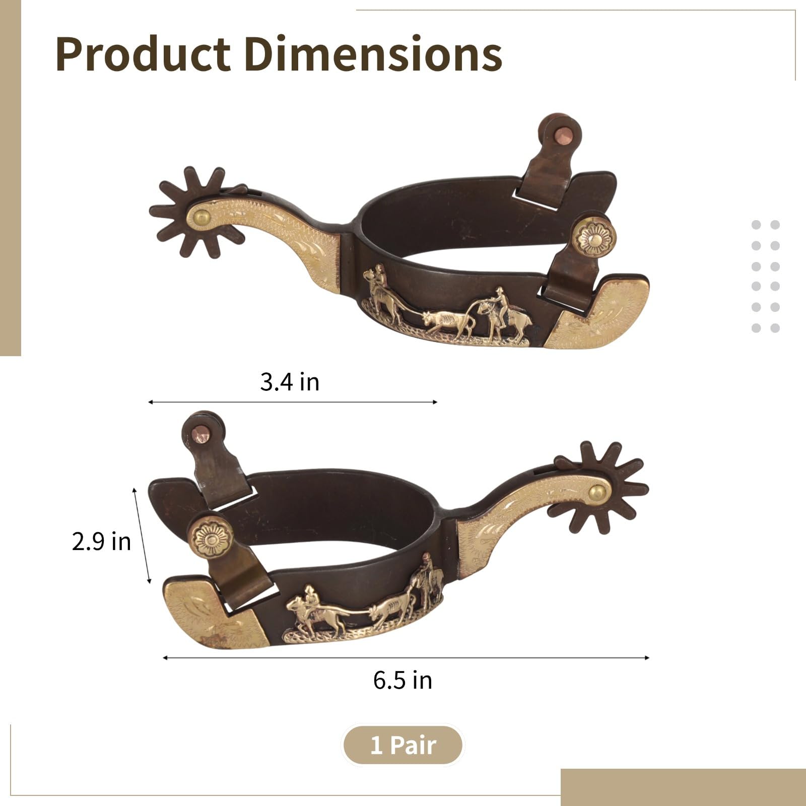 Speroni da cowboy con ingranaggio girevole, 2 speroni occidentali, con finiture incise, ideali per abbigliamento occidentale, speroni in acciaio a basso tenore di carbonio, design in rame antico e