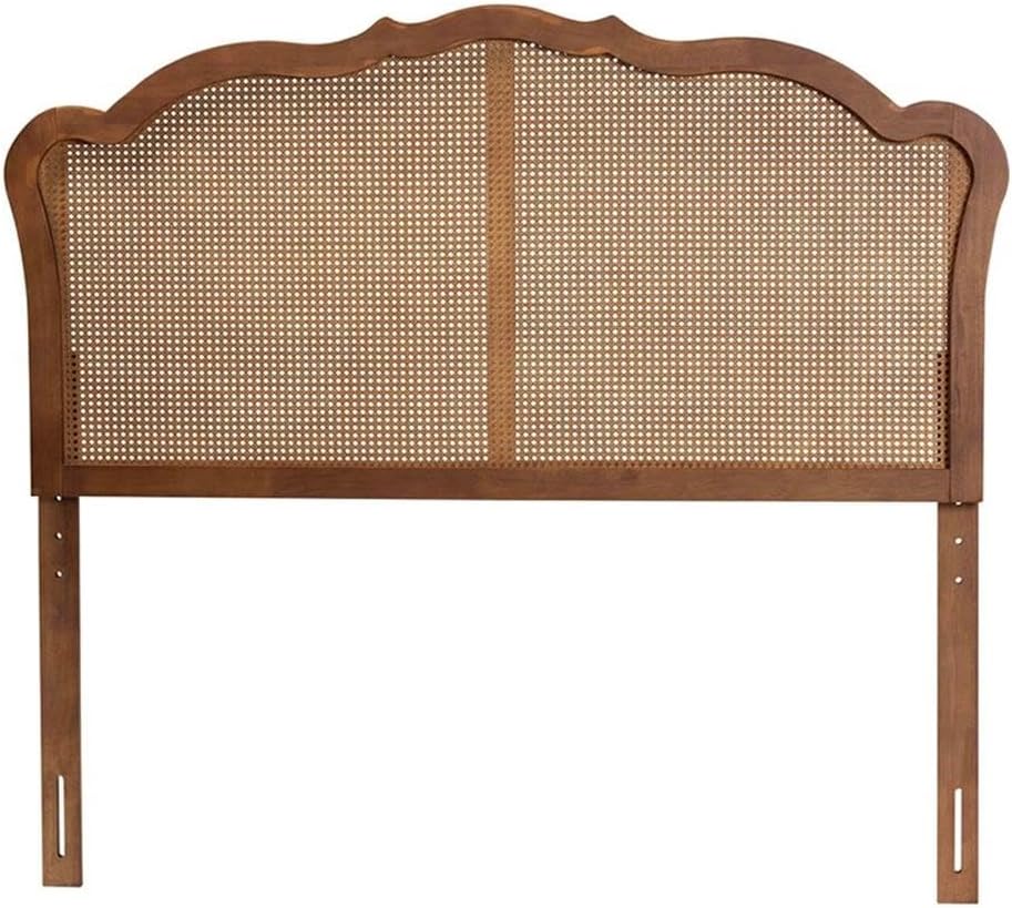 Pemberly Row Wood and Rattan Queen Size Headboard, Ash Walnut Finish, Rubberwood Frame, Adjustable Height, Traditional Style Bedroom Decor, Woven Synthetic Rattan Panel, Compatible with Bed Frames