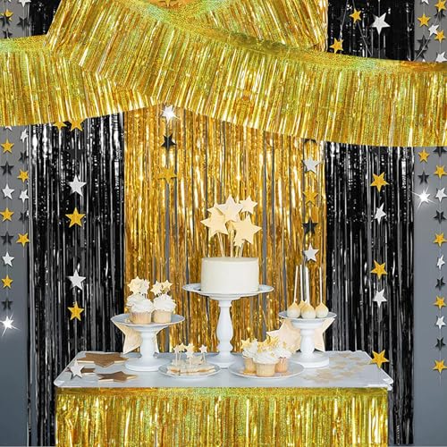 Image of BEISHIDA 3 Packs 30 Feet Metallic Foil Fringe Garland Tinsel Streamers,Laser Gold Wall Hanging Tinsel Fringe Banners for Wedding Birthday Party Decoration Halloween Christmas New Year