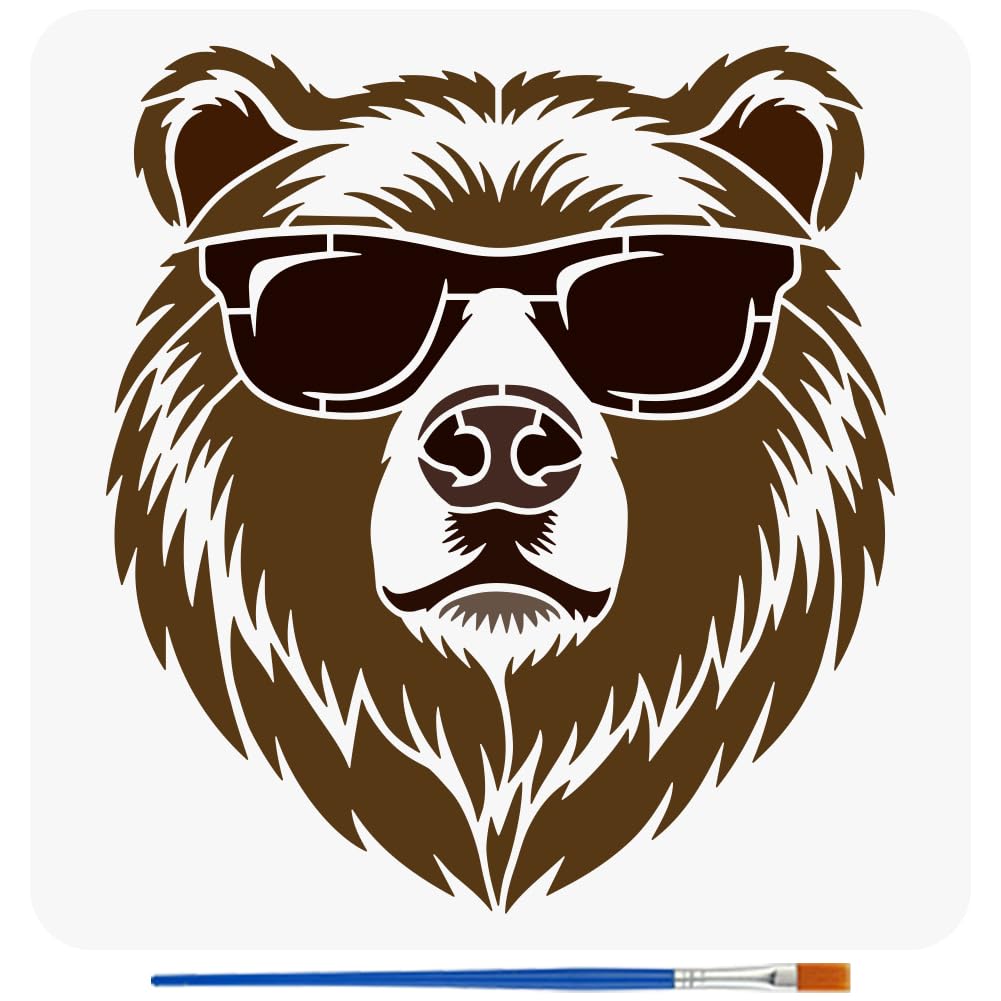 FINGERINSPIRE Sunglasses Bear Stencils with a Brush 30x30cm Handsome Bear Painting Stencils Reusable Cool Bears PET Stencil Wild Animal Theme Decoration Template for Wood Wall Floor Furniture