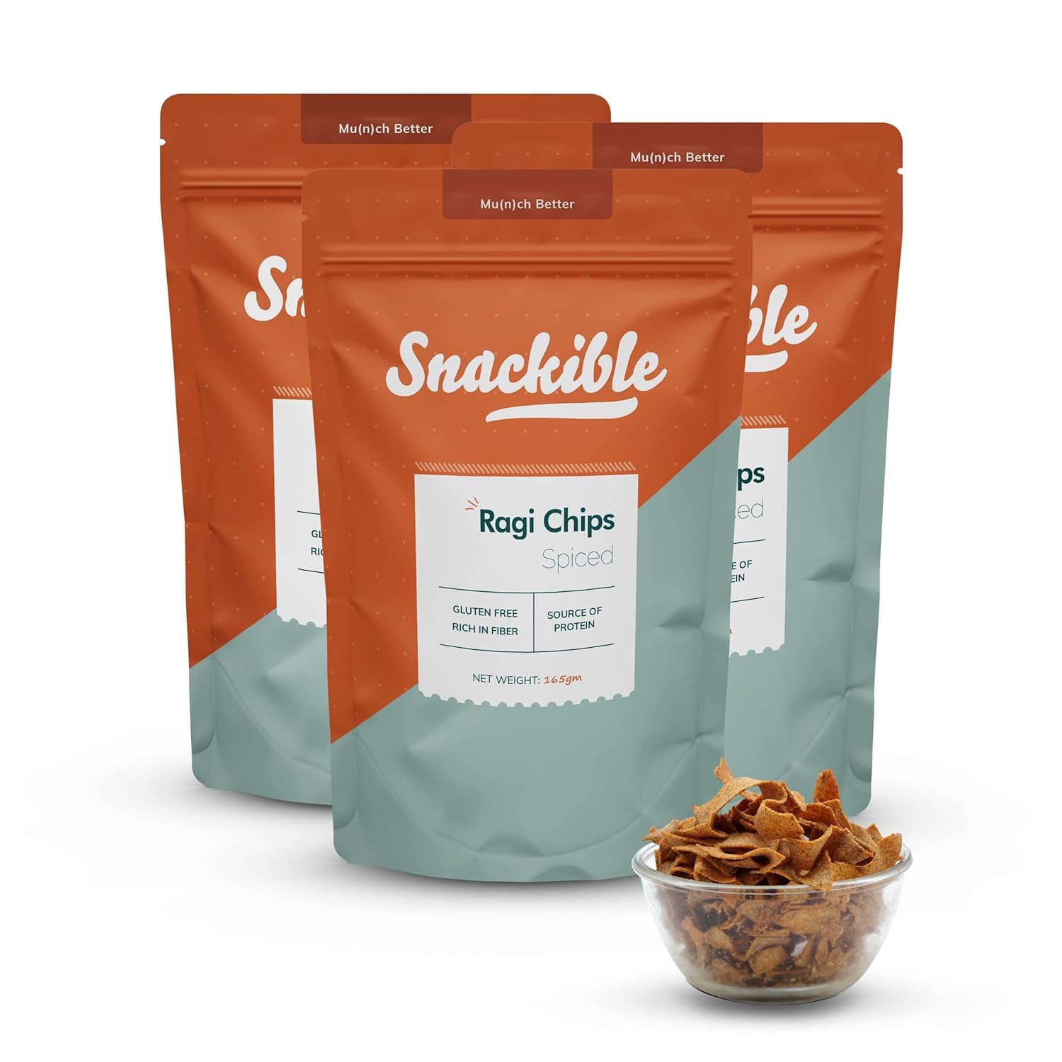 Snackible Spiced Ragi Chips (Pack of 3) - 3x165gm | Millet Base Snack | Rich in Fibre | Healthy Indian Snack |