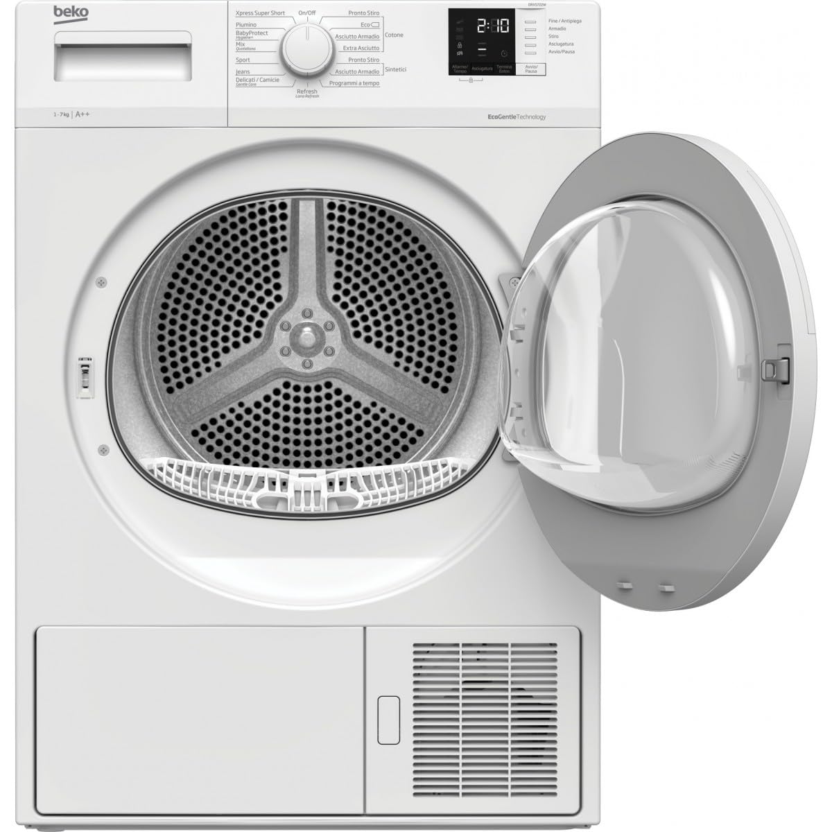 Beko - DRXS722W - Asciugatrice Slim 7kg, Classe A++, linea estetica Basic, Display Digit, oblò bianco con manopola bianca, Partenza ritardata 0-24h, Dimensioni AxLxP: 84,7x59,7x50,8cm