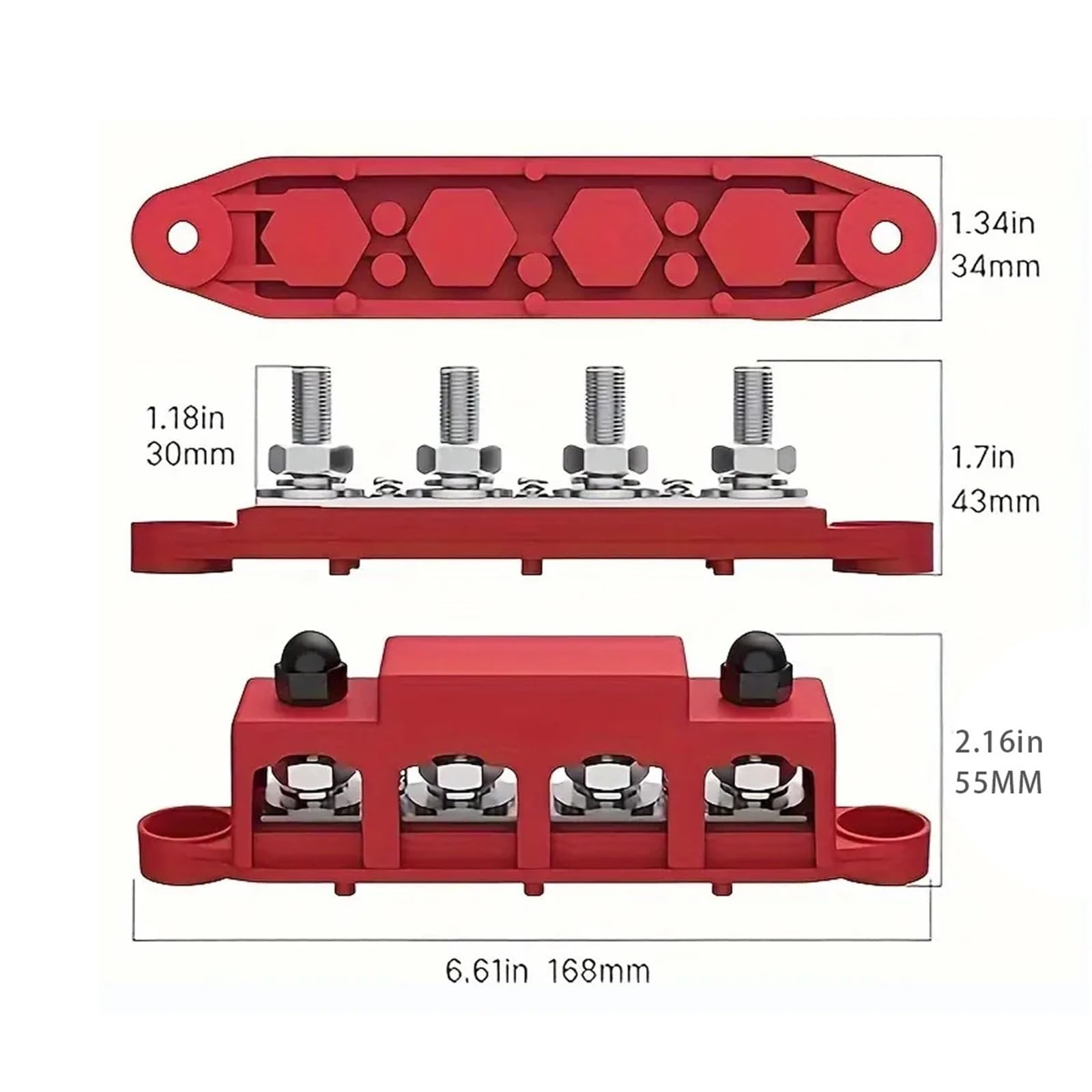 Barra colectora marina, bloque de distribución de energía de 12V 250A, bloque de conexiones de 4 postes, bloque de terminales de barra colectora de batería de cobre automotriz M8 M10 Bloque de distrib