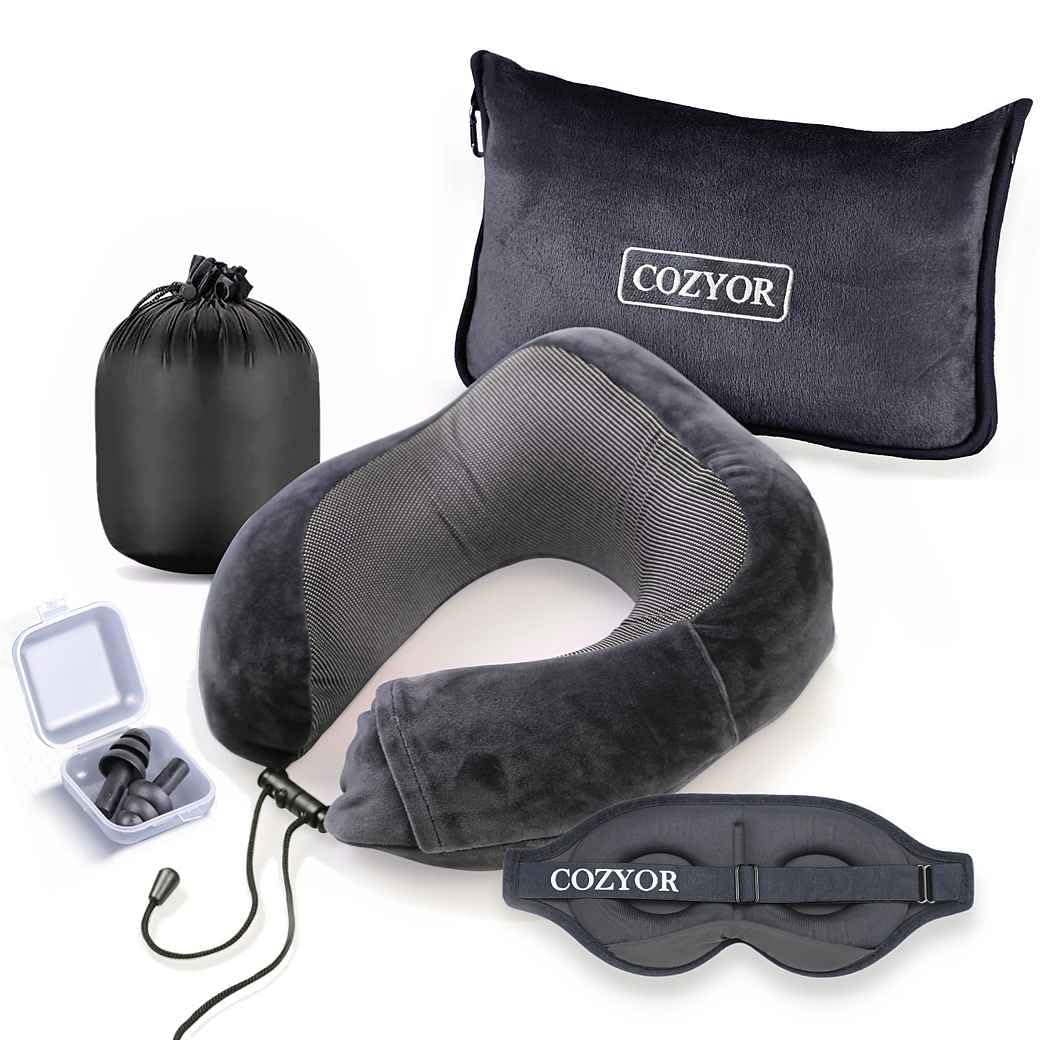 Cozyor Kit de Voyage 4 pièces : Coussin de Nuque + Masque de Sommeil + Oreiller de Voyage & Couverture de Voyage 2 en 1 + Bouchons d'oreille, avec Clip de Sac à Dos et Fixation pour Valise