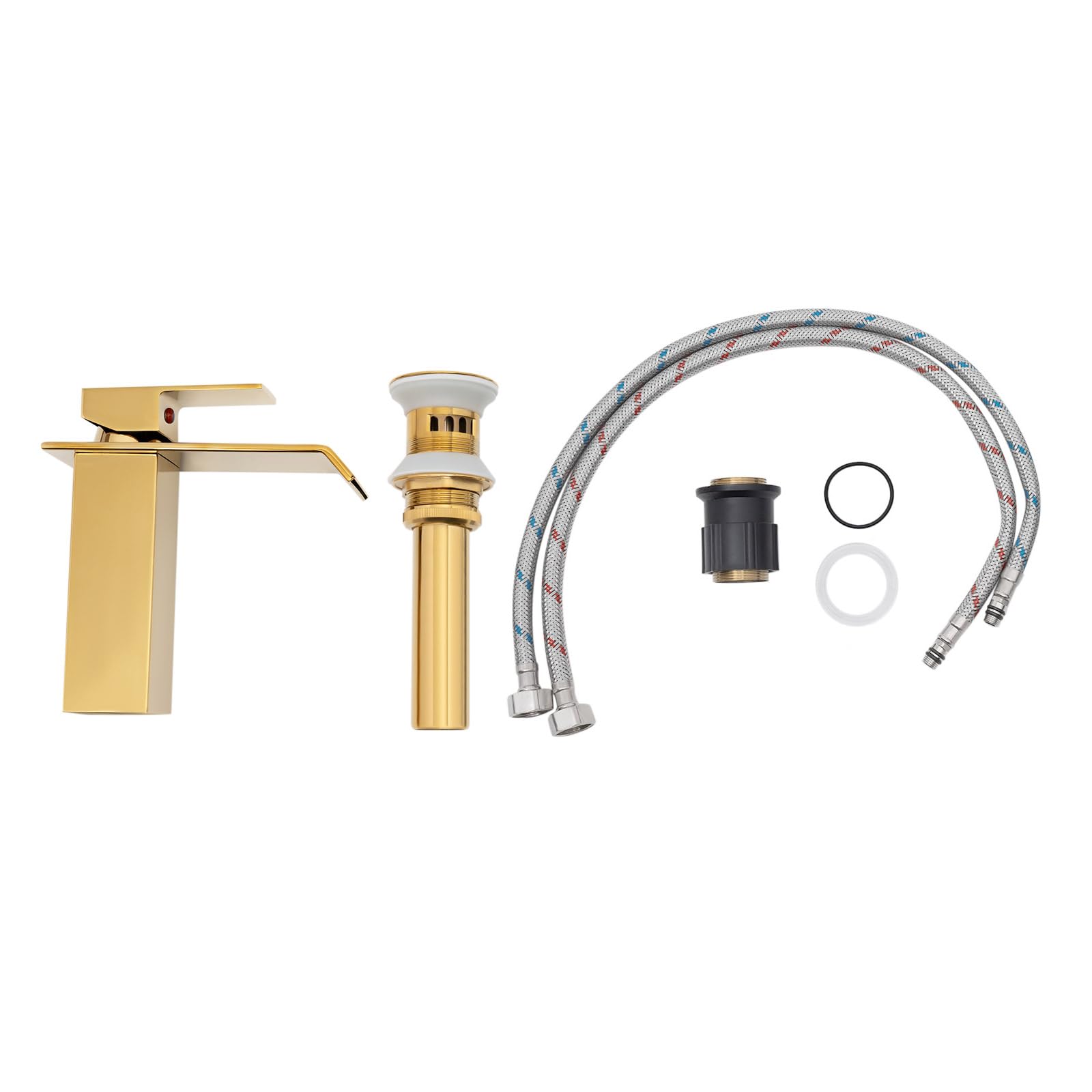 Robinet de lavabo Robinet mitigeur monocommande Robinetterie de lavabo Robinet cascade d'eau froide chaude Robinet cascade pour salle de bain avec bec tuyau d'évacuation en acier inoxydable doré