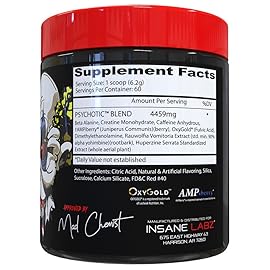 Insane Labz Psychotic, High Stimulant Pre Workout Powder, Extreme Lasting Energy, Focus and Endurance with Beta Alanine, Creatine Monohydrate, DMAE, 60 Srvgs, Fruit Punch