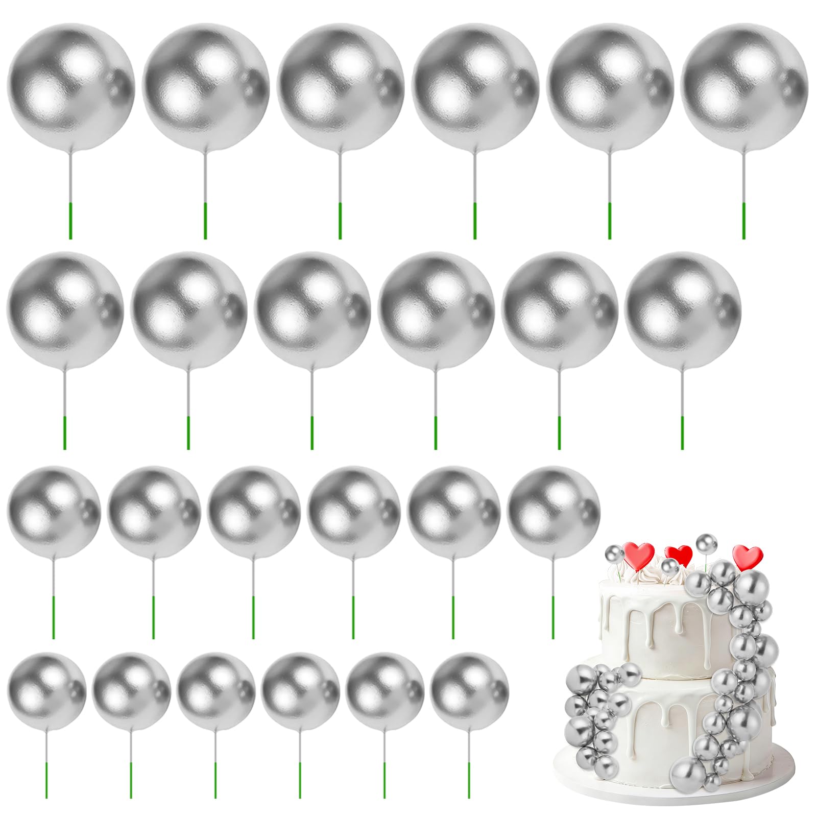 URAQT 24 Pcs Ball Cake Topper Decorations, Foam Balls Cakes Picks, Pearl Round Shaped Cupcake Insert, Mini Balloons Cake Topper Sticks for Wedding, Birthday, Baby Shower, Silver