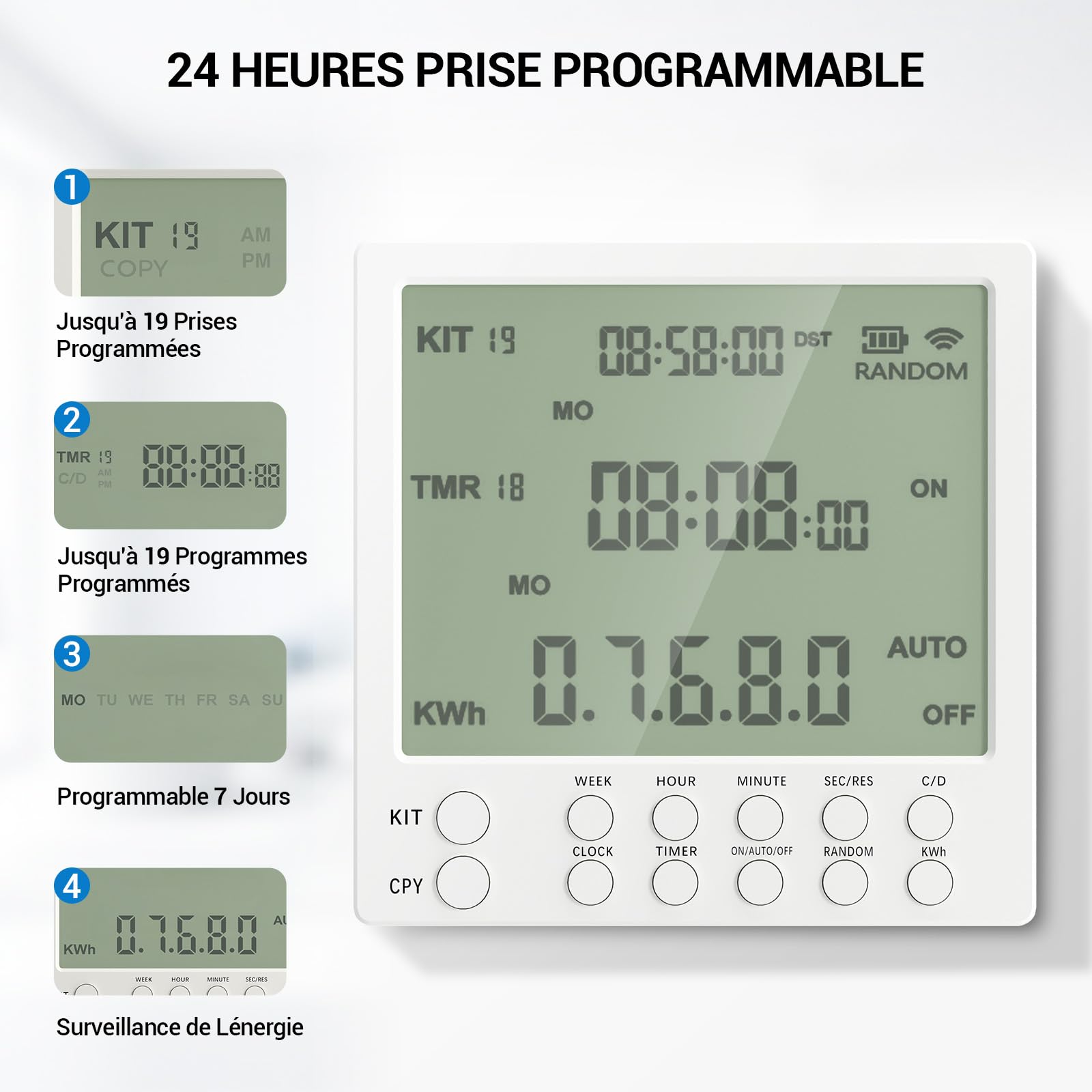 Programmateur Prise Électrique 24h, Prise Programmable avec 19 Programmes, Compte à Rebours et Mode Aléatoire pour Sécurité, Minuteur Prise Électrique pour Lampes et Appareils, 16A / 230V