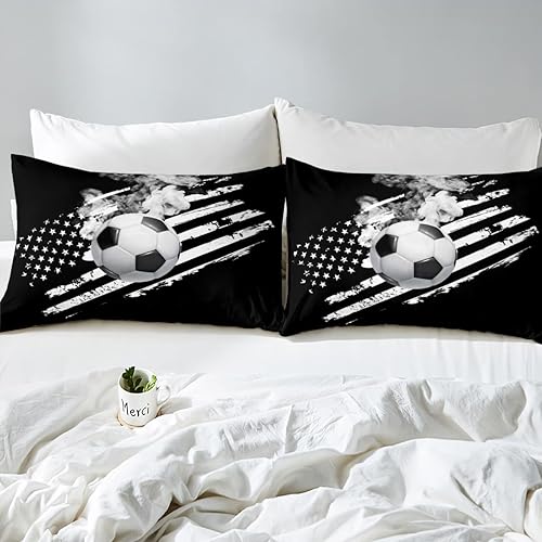 Miniatura 5 de Juego de sábanas de fútbol para niños y niñas juego de sábanas de bandera estadounidense juego de ropa de cama con bandera a rayas negras y blancas