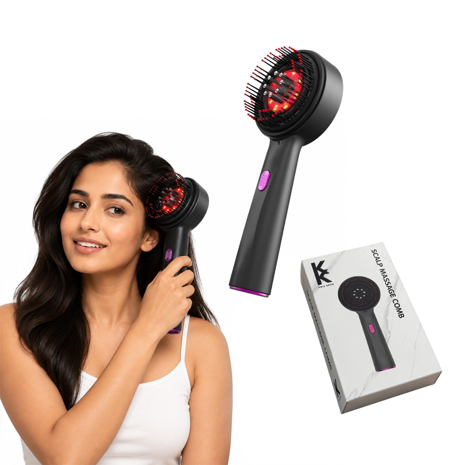 KRIS KROS Premium Electric Scalp Massager Comb | 3 In 1 Hair Oil Applicator | Red Led Light Therapy | Boost Hair Growth | Reduce Dandruff | Relieve Stress | IPX7 Waterproof | 6 ML Oil Tank | 3 Hr Run-Time | Type-C (Black)-image-35