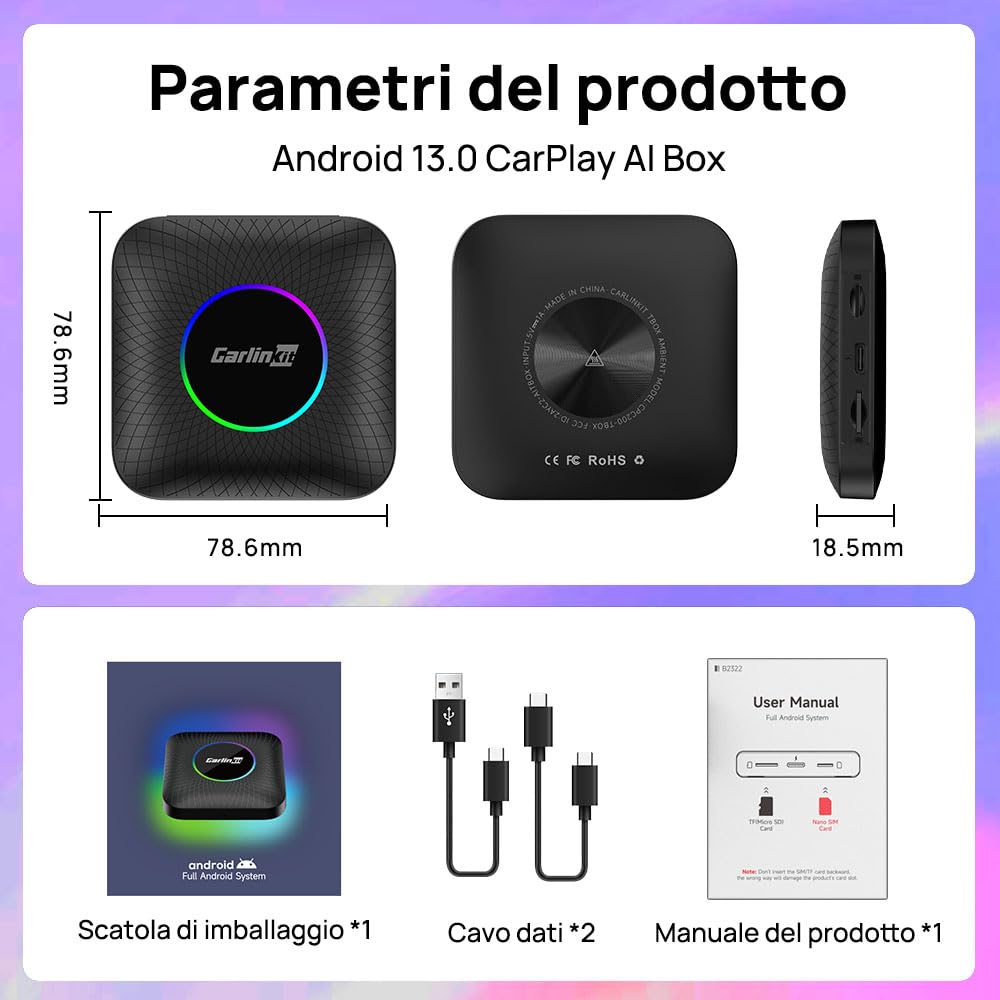 CarlinKit Tbox Ambient Android 13.0 CarPlay AI BOX,RAM 8GB+ROM 128GB,Adattatore Wireless CarPlay e Wireless Android Auto/Guarda Netflix, YouTube, SM 6225/Google Play Store/Aggiornamento OTA