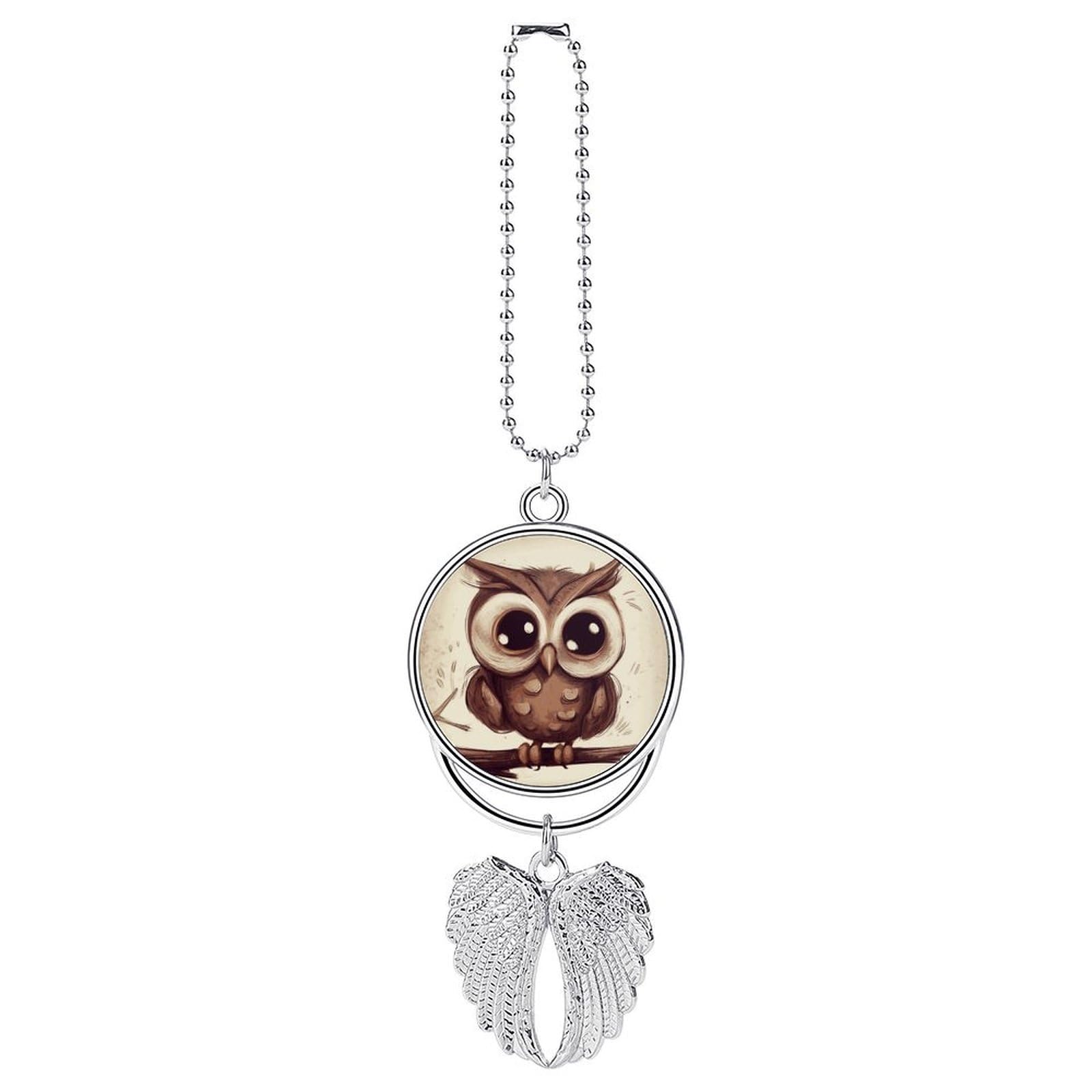 Cute Owl Car Charm, Alloy Rear View Mirror Pendant, Bling Funny Car Hanging Ornament Gift for Women Men, Car Pendant Lucky Auto Interior Decoration Accessories Silver-Style