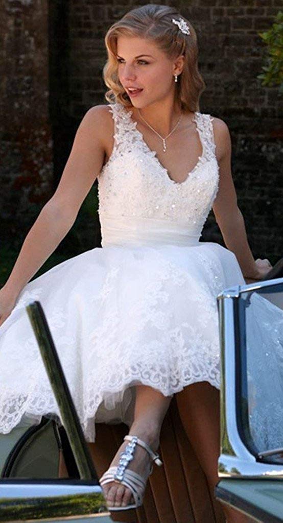 Robe de Mariée Courte Dentelle Tulle Robe de Mariée a - Word v - Neck, Ivoire, 42
