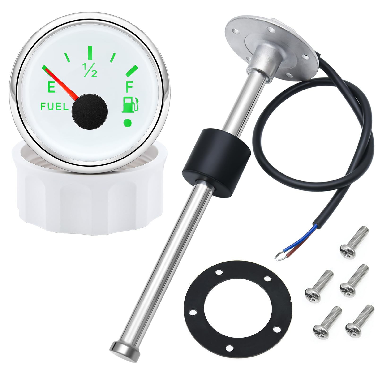 52mm Kraftstoffanzeige mit Kraftstoffstandssensor, Stiefel Kraftstoffsender, 150mm Edelstahl Kraftstoff/Wassertank Niveau Tank Sesnor 0-190 Ohm leer-voll für Motorrad, Boot, Auto, Yacht