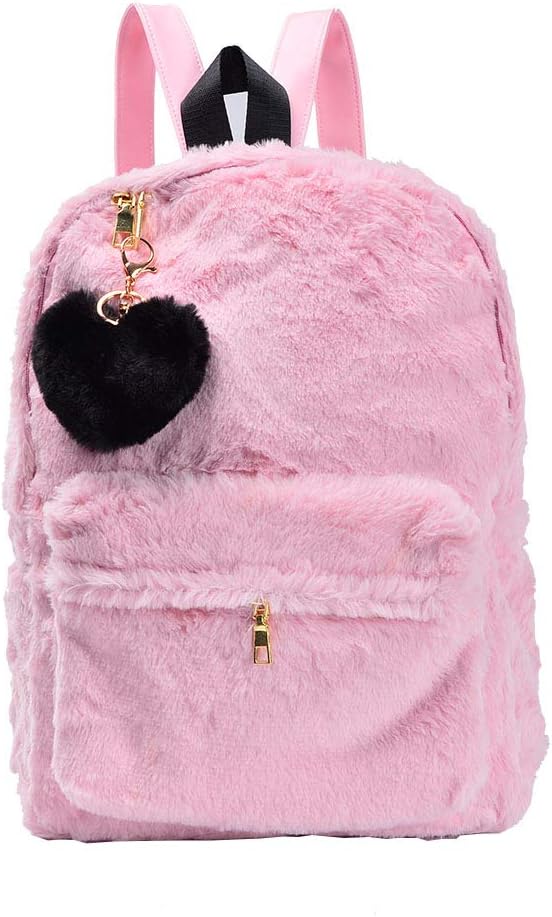 Pink Backpack Purse for Women Fluffy Fleece Bags Faux Fur Heart (Pink)