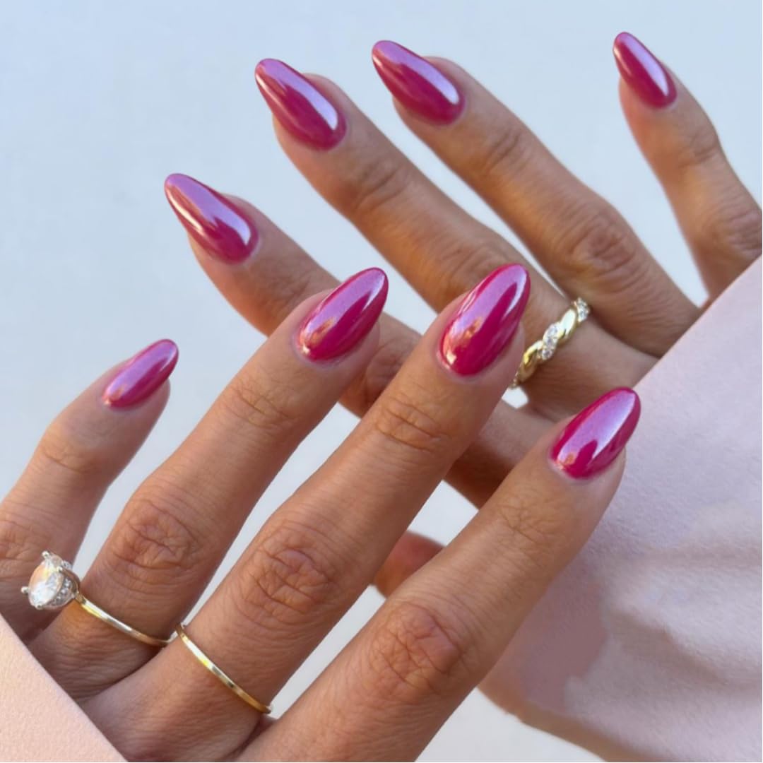 KQueenest Chrome Hot Pink Press on Nails Medium Glazed Glitter False Nails Almond Medium - Image 3