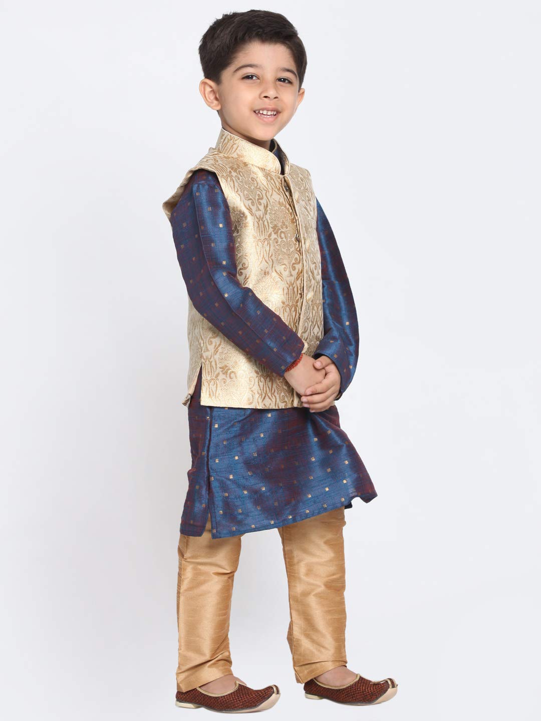 Jbn Creation Boys' Gold And Persian Blue Silk Blend Kurta, Ethnic Jacket And Pyjama Set (Vasbj024Rgnbk023Bunprg, For 7-8 Years)
