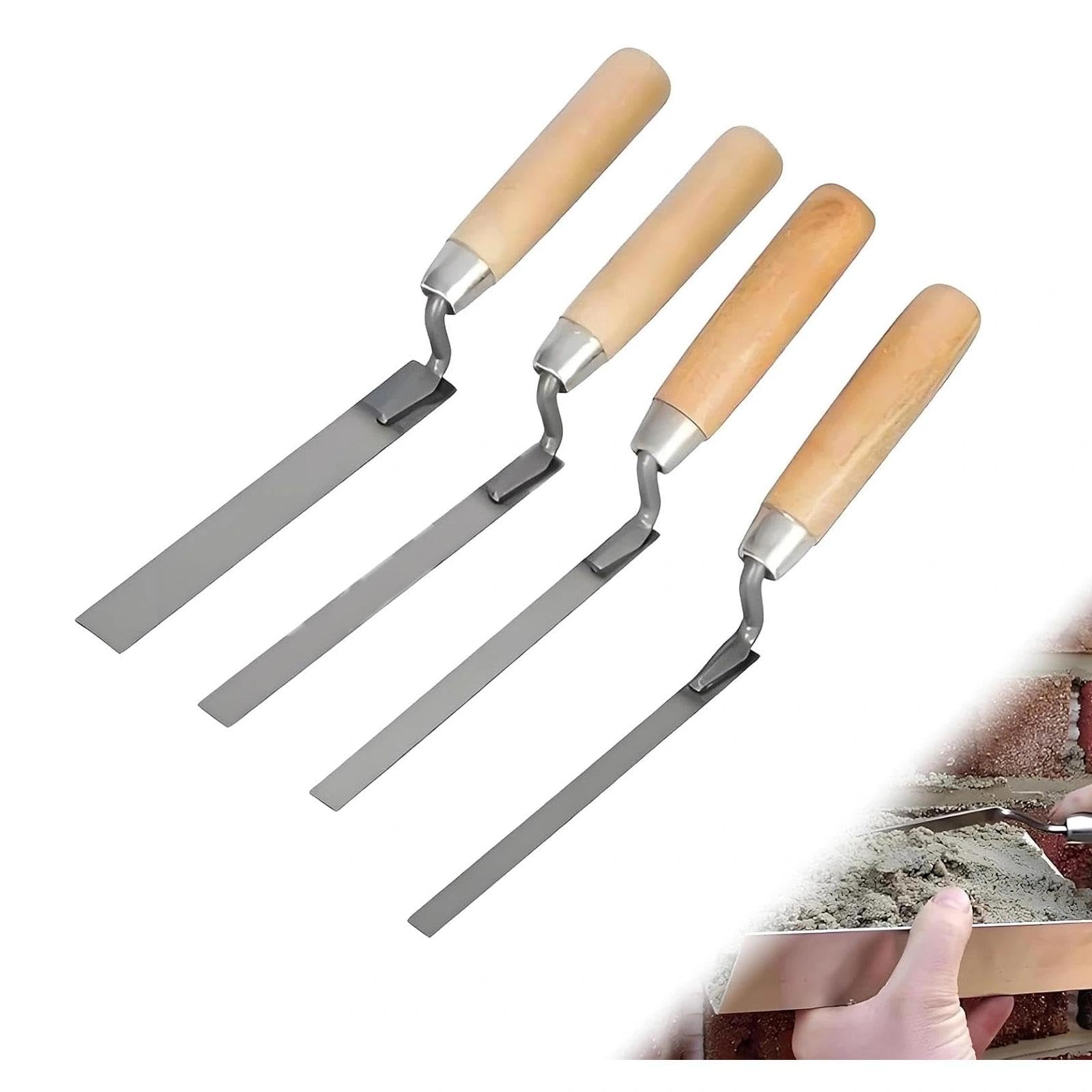 4 Pcs Pointing Trowel Set, Stainless Steel Finger Tool for Bricklaying, Masonry Work & Patio Grouting, Flat Tuck Pointer Kit with Wooden Handle for DIY Gap Repairs