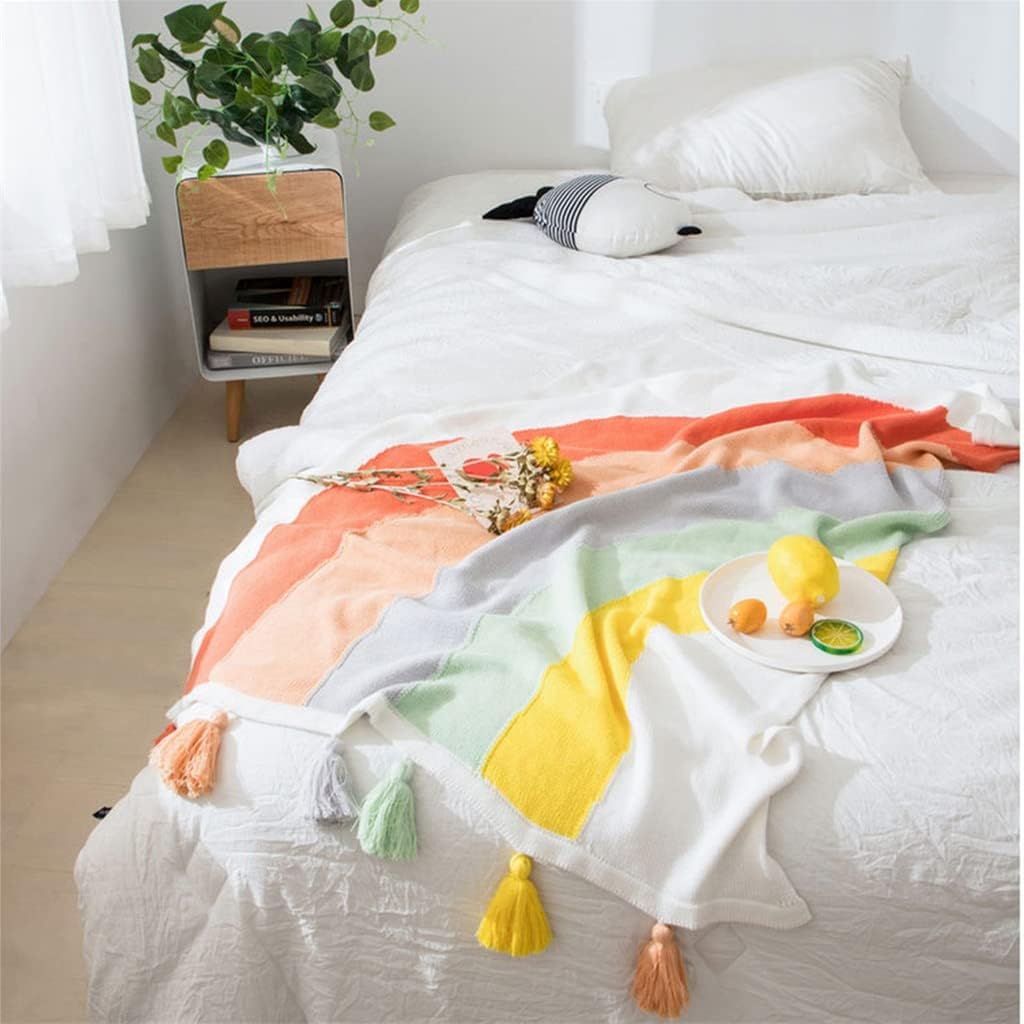 HBJWOV Throw Blankets for Baby Cute Tassel Cotton Knitted Rainbow Colors Quilt Children's Bed Cover Kids Wrap Blanet(130 * 160CM)