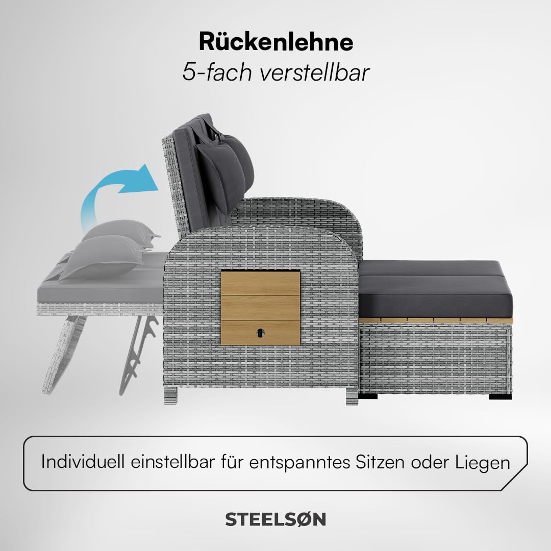 STEELSØN Caelum Sonnenliege mit Kissen Grau – Rattan Loungebett verstellbare Rückenlehne – Doppelliege ausklappbare Seitentische – Gartenliege wetterfest – Sonnenbett 2 Personen – mit Liegefunktion