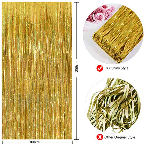 Image of CYLMFC Gold Fringe Curtain - 2 Packs 3ftx8ft Sparkle Metallic Party Backdrop Curtain Photo Booth Props Birthday Decorations Gold Birthday Backdrop