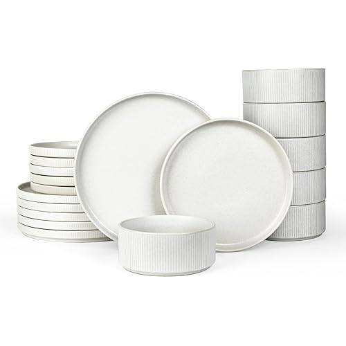 Famiware Star Dinnerware Set for 6, Stoneware Plates and Bowls Sets, 18-Piece Ceramic Dish/Dishes/Tableware/Kitchenware/Dinner Set - Full Glaze Matte White