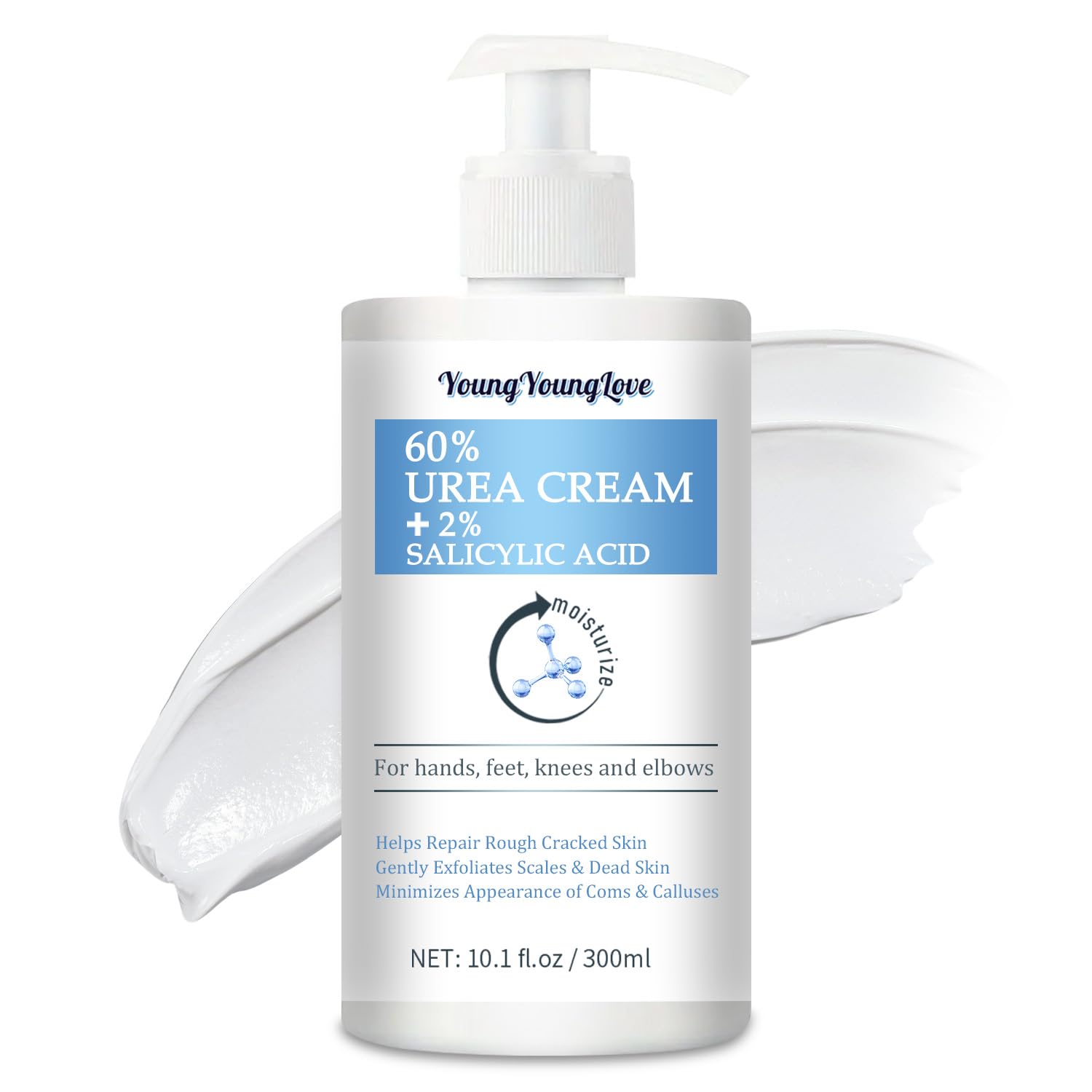 YOUNGYOUNGLOVE 10.1 Oz - 60% Urea plus 2% Salicylic Acid for Hand & Feet Maximum Strength, Deep Moisturizing Urea Foot Cream for Calluses Dry Cracked Feet Heels Knees Elbows Dead Skin, Callus Remover