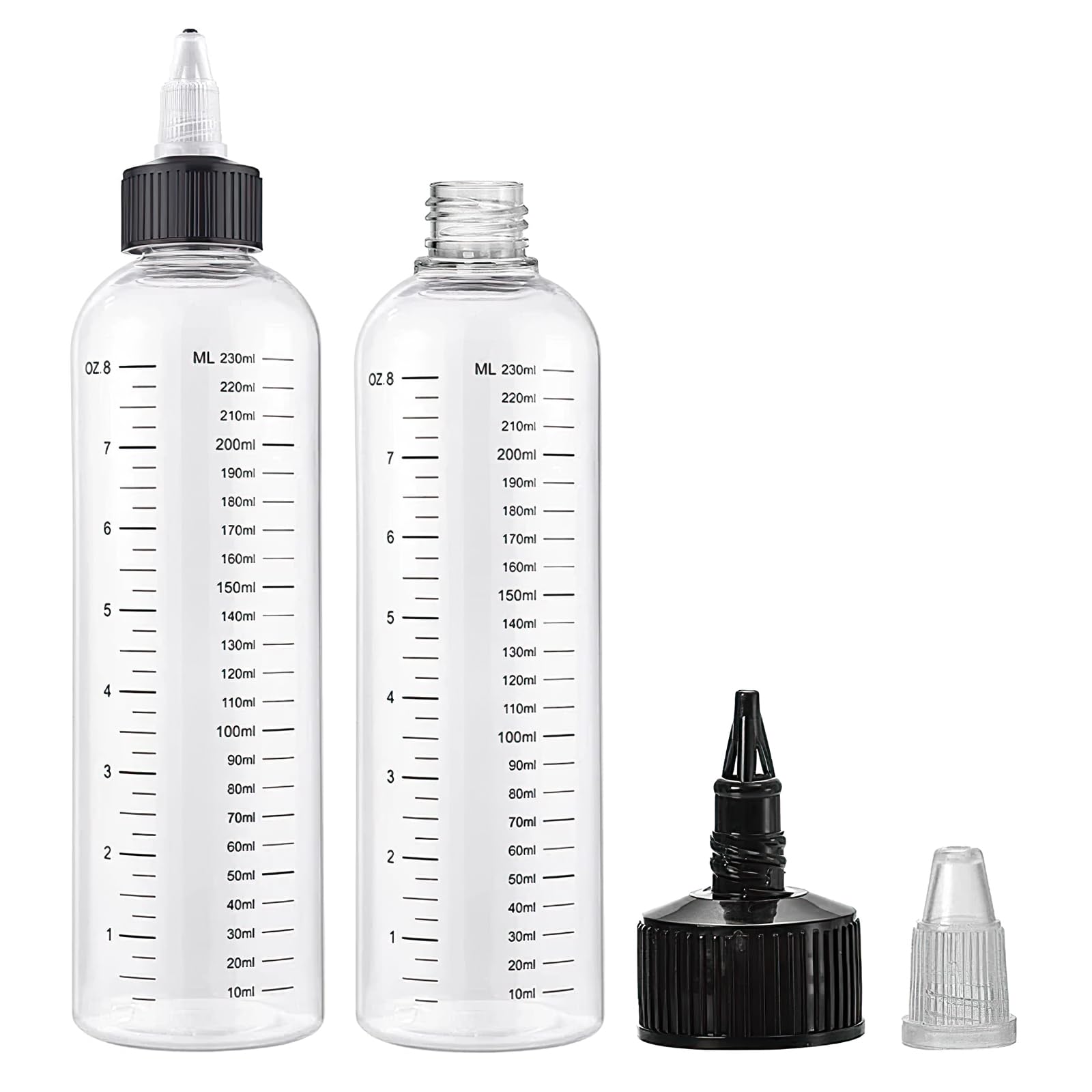 TNSLAND 2 Pezzi Flacone Dosatore con Beccuccio, 230ml Applicatore Olio Capelli con Scala Graduata, Porta Olio da Viaggio, Bottiglia da Spremere per Pittura, Artigianato, Cucina e Parrucchiere