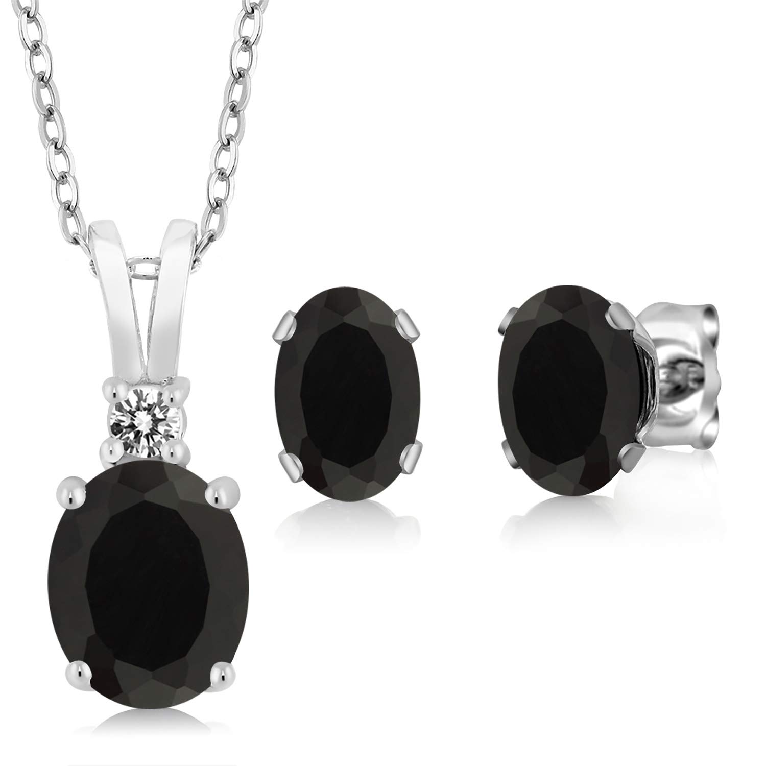 Gem Stone King 3.07 Cttw Black Onyx Pendant and Earrings Jewelry Set For Women | 925 Sterling Silver | Gemstone Birthstone | Oval 8X6MM and 7X5MM and