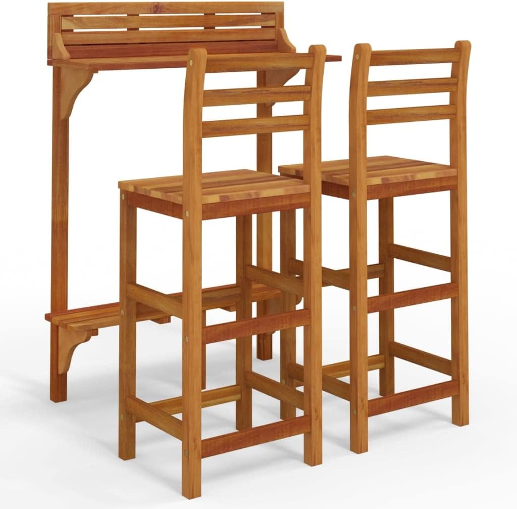 vidaXL 3 Piece Balcony Bar Set - Solid Acacia Wood - Brown Finish - Sturdy and Durable - Outdoor/Indoor Furniture - Ideal for Patio, Terrace and Garden - Comfortable Stools with Footrest - Easy M...
