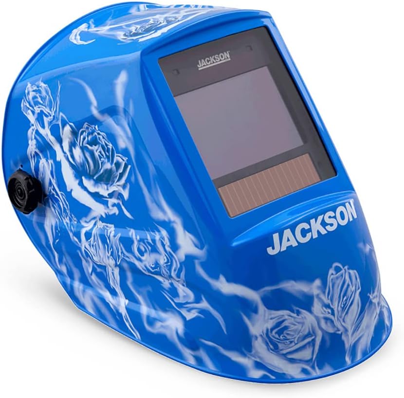 Jackson Safety Premium Auto Darkening Welding Helmet 3/10 Shade Range, 1/1/1/1 Optical Clarity, 1/20,000 sec. Response Time, 370 Speed Dial Headgear, Reapers N' Roses Graphics, Blue/White, 47104 Reapers N' Roses Welding Helmet