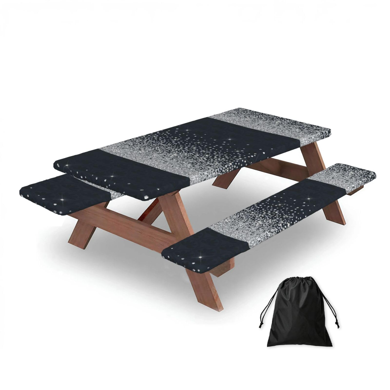 Dopklna As Picture Black Silver Glitter Diamond Sparkly, Picnic Table Cover With Bench Covers -Waterproof Elastic Fitted Tablecloth For Garden Camping Patio 76X152cm