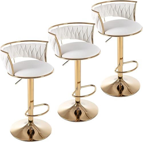DUOMAY Juego de 3 taburetes de bar giratorios modernos, de terciopelo de altura ajustable, respaldo bajo, isla de cocina, silla de bar con base
